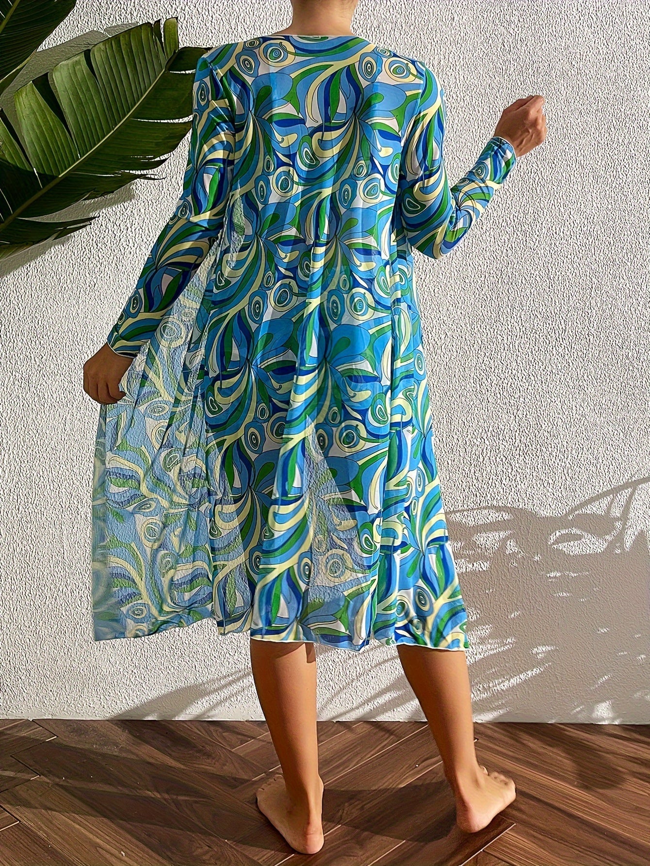 Stevvex Luxe Lines 3-piece geometric bikini set with high rise drawstring bottoms, boxer shorts, and sheer kimono cover-up for women.