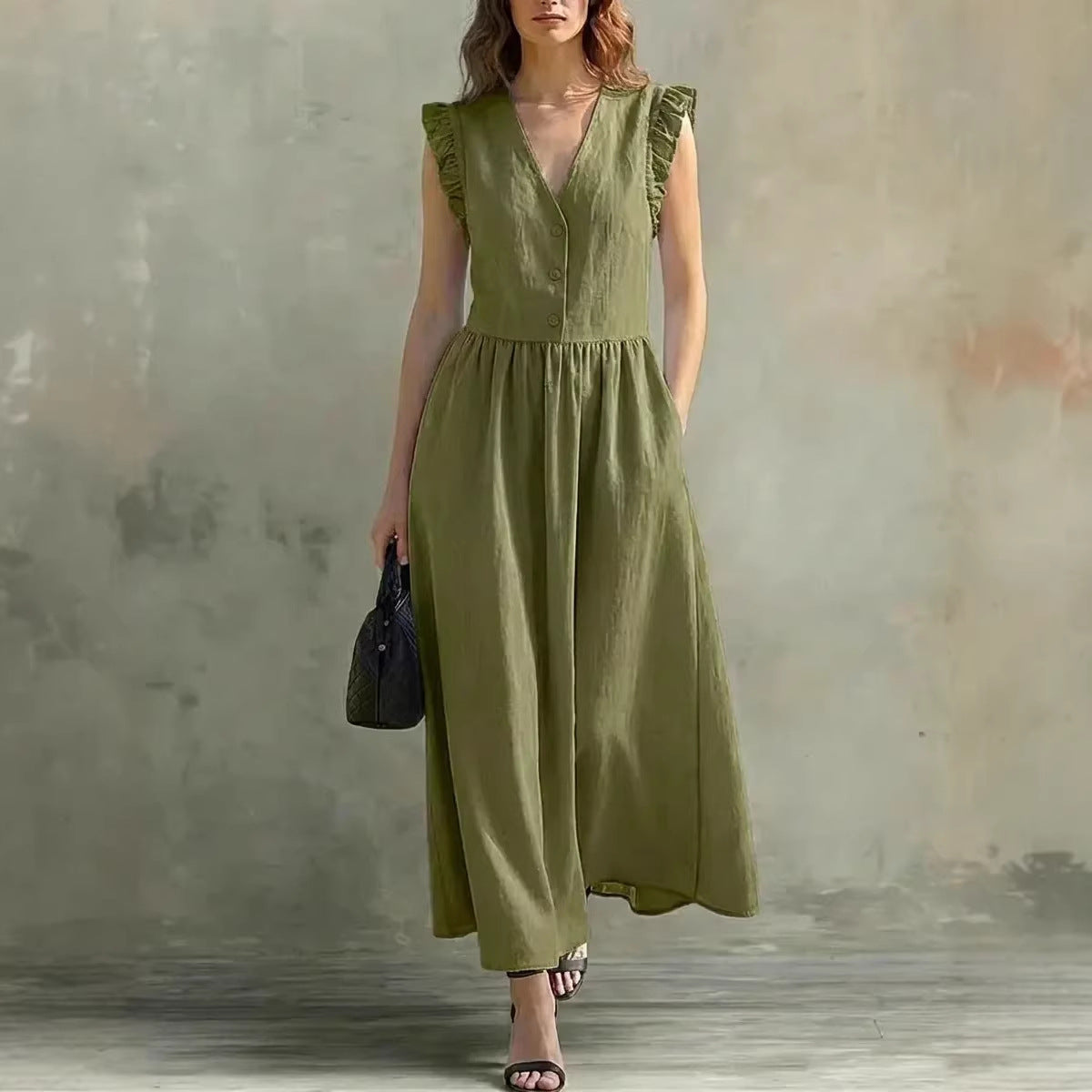 V-neck puff-sleeve cotton linen casual dress with pockets by FitiqueFit, available in seven colors, styled on a model.