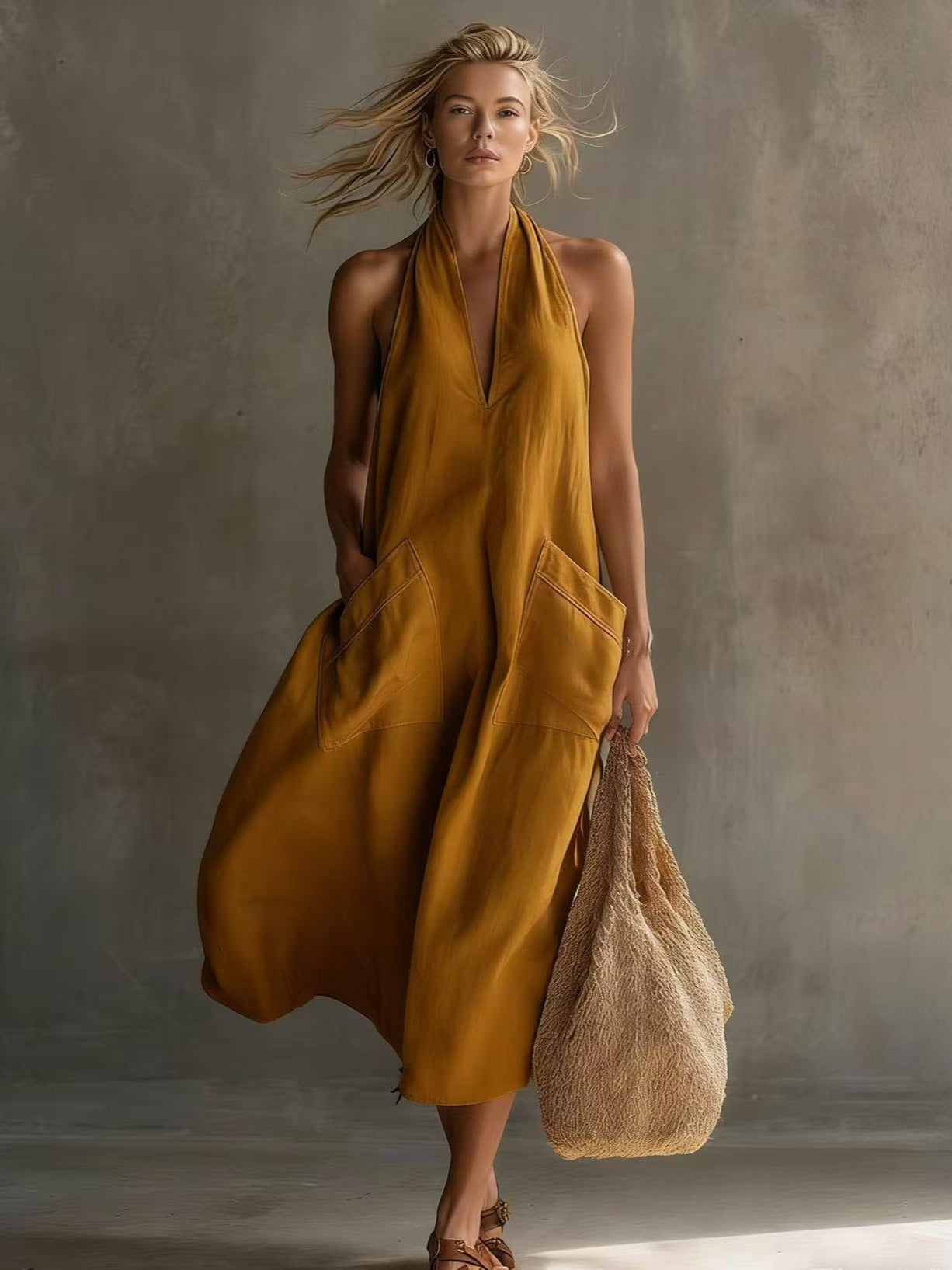 Women's retro V-neck slip dress by FitiqueFit, sleeveless and loose fit, perfect for casualwear, shown in a relaxed, stylish fit.