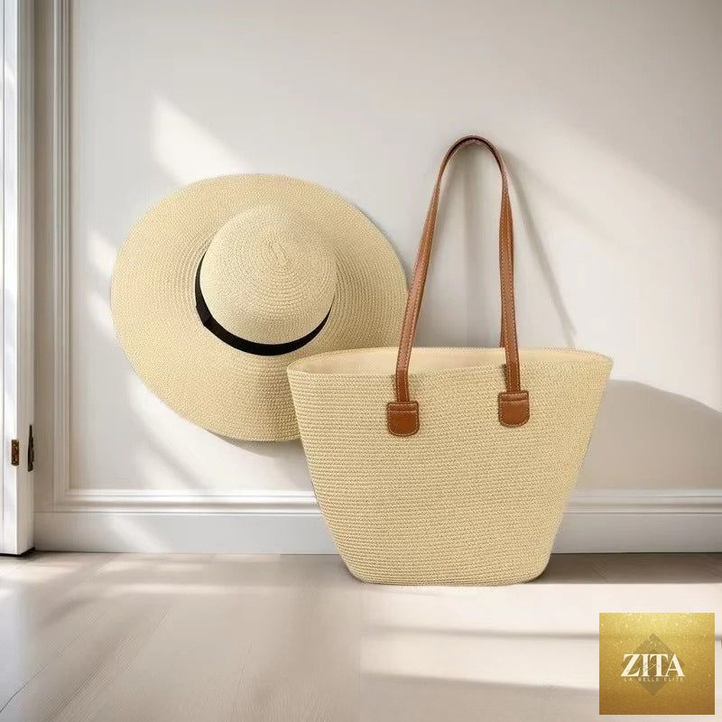 Straw Hat & Tote Set – Beach Vacation Sun Protection Duo, Large Capacity Travel Tote