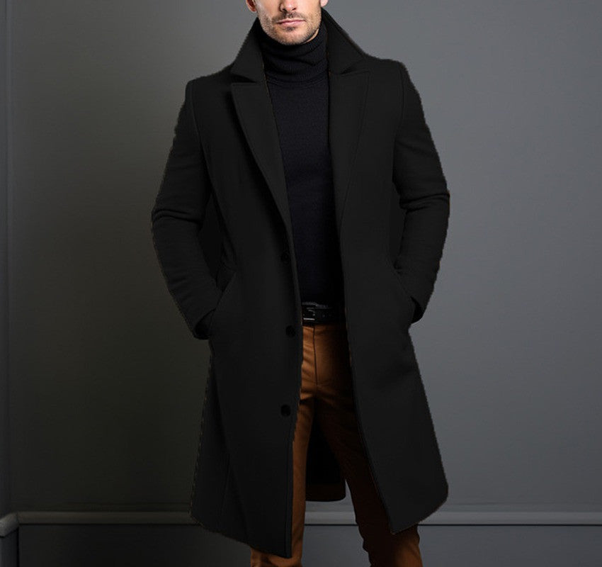 Men's mid-length trench coat in fall winter style with slim pockets, single-breasted collar, casual and business suitable overcoat.