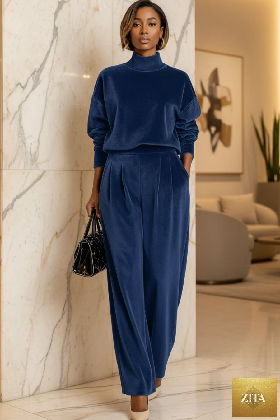 Women's Mock Turtleneck Balloon Sleeve Top & Pleated Wide-Leg Trousers Set