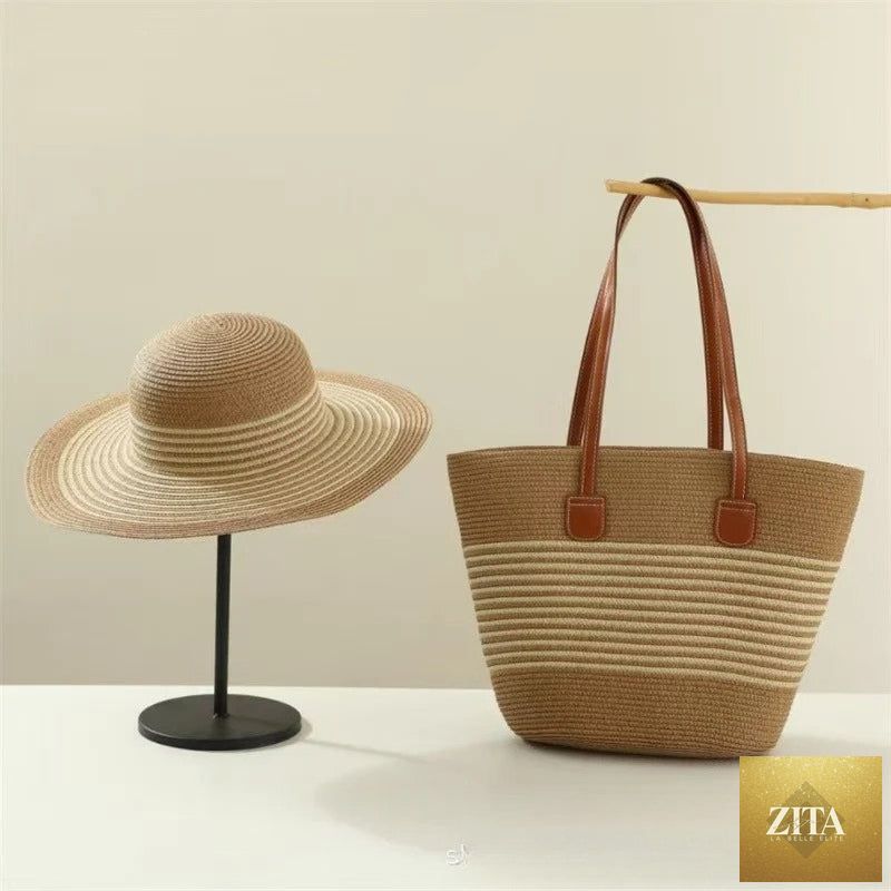 Straw Hat & Tote Set – Beach Vacation Sun Protection Duo, Large Capacity Travel Tote