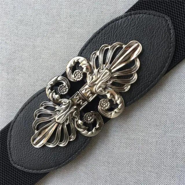Fashion Black Metal Flower Design Buckle Wide Leather Strap Belt For Women Vintage Women Plus Size Decorative Elastic Waistbands