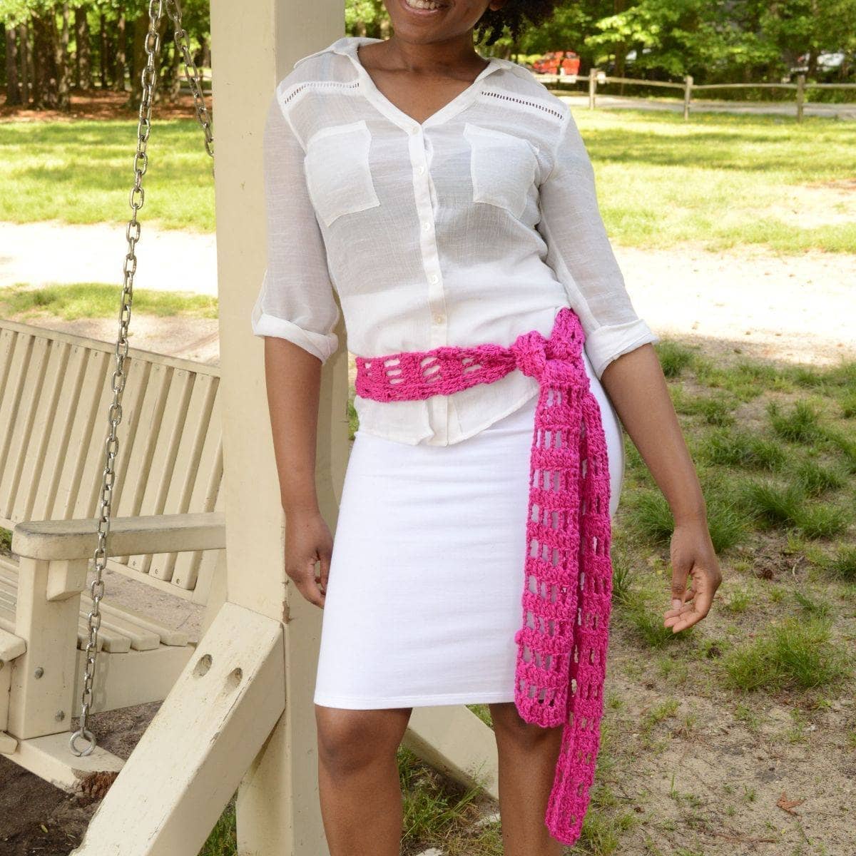 Darn Good Yarn Fashion Skinny Scarf Crochet Kit with eco-friendly orchid blossom yarn, perfect for boho-style women’s accessories.