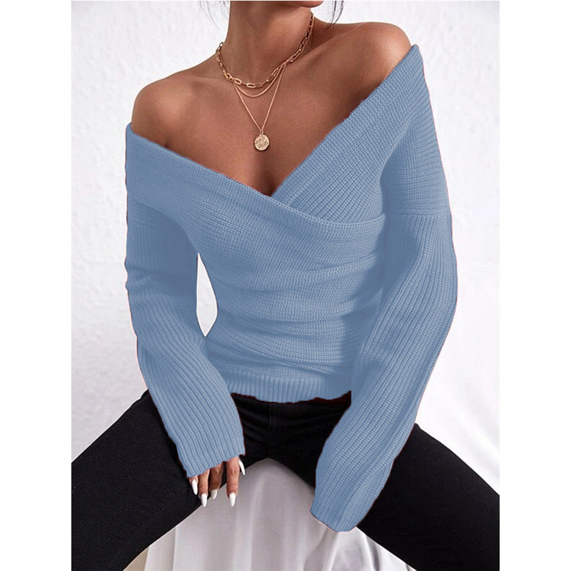 Women's off-shoulder crossover knit sweater by FitiqueFit, slim fit long sleeve casualwear with a stylish, feminine design.