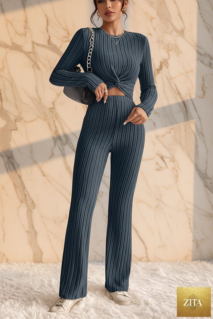 Women's Twist-Front Crop Top & Wide-Leg Ribbed Knit Set – 3 Colors