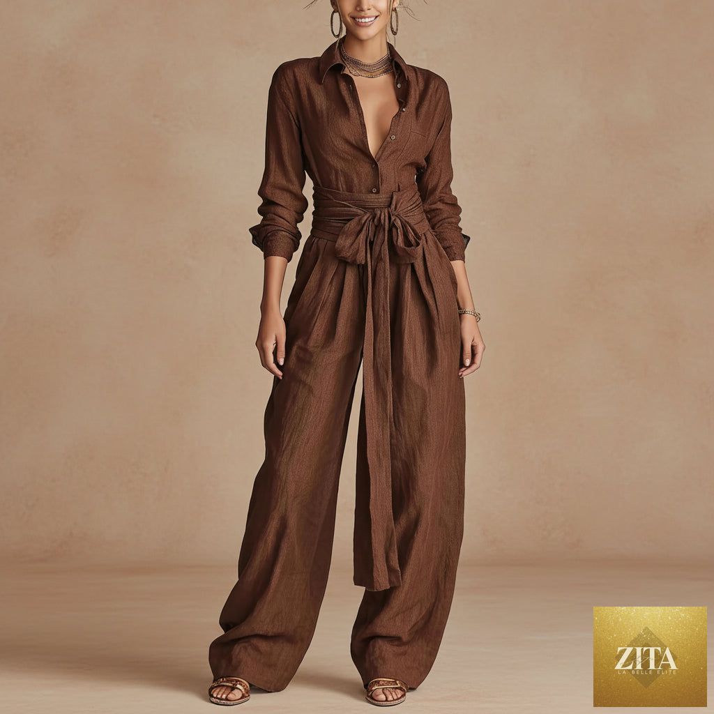 Women's linen long sleeve shirt and high-waist wide-leg pants set with tie belt by MERIDGE, featuring neutral tones and relaxed fit.