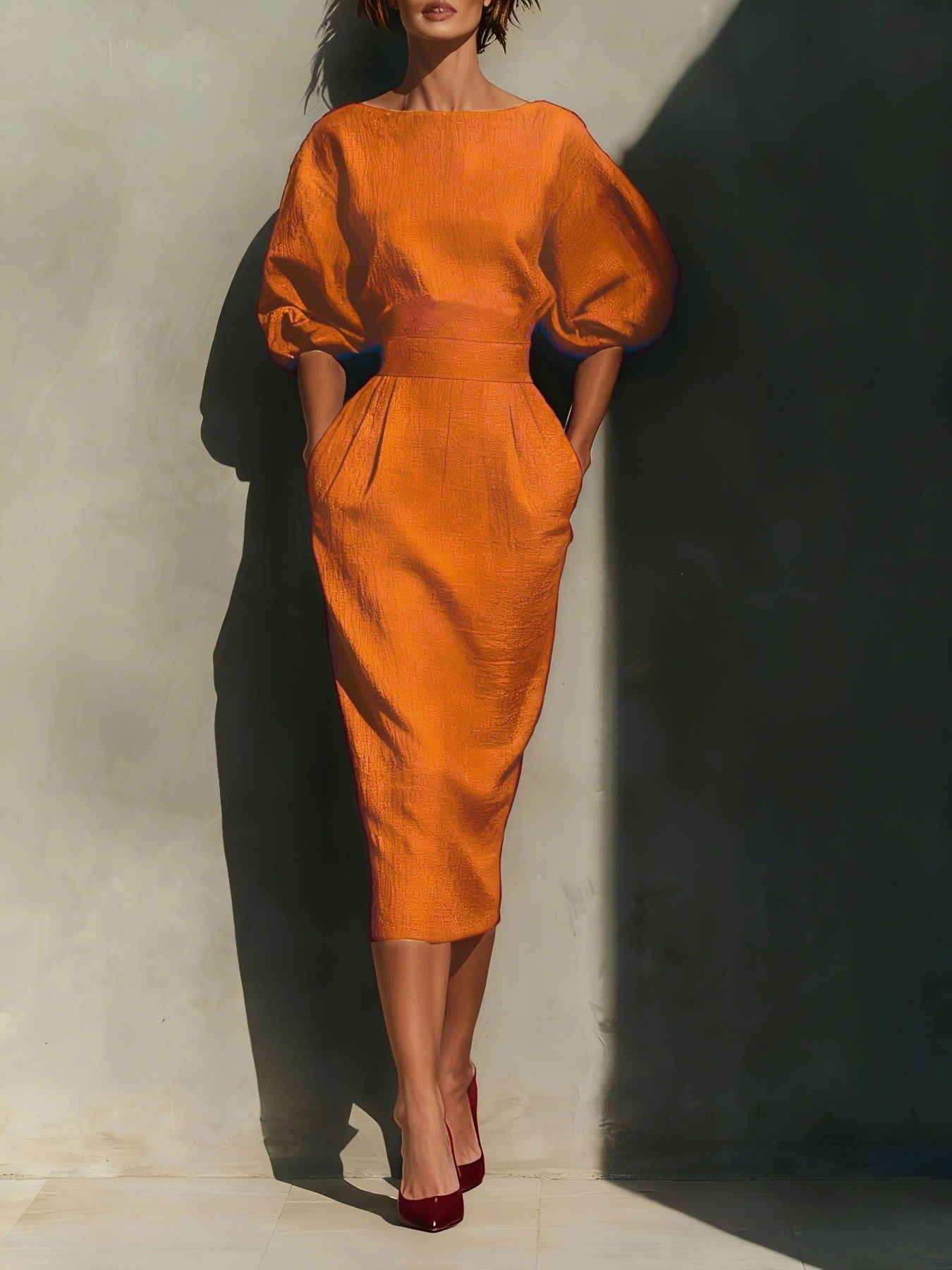 Round neck puff sleeves midi dress by Shopiebay featuring a fitted bodice and flowing skirt in a stylish design.
