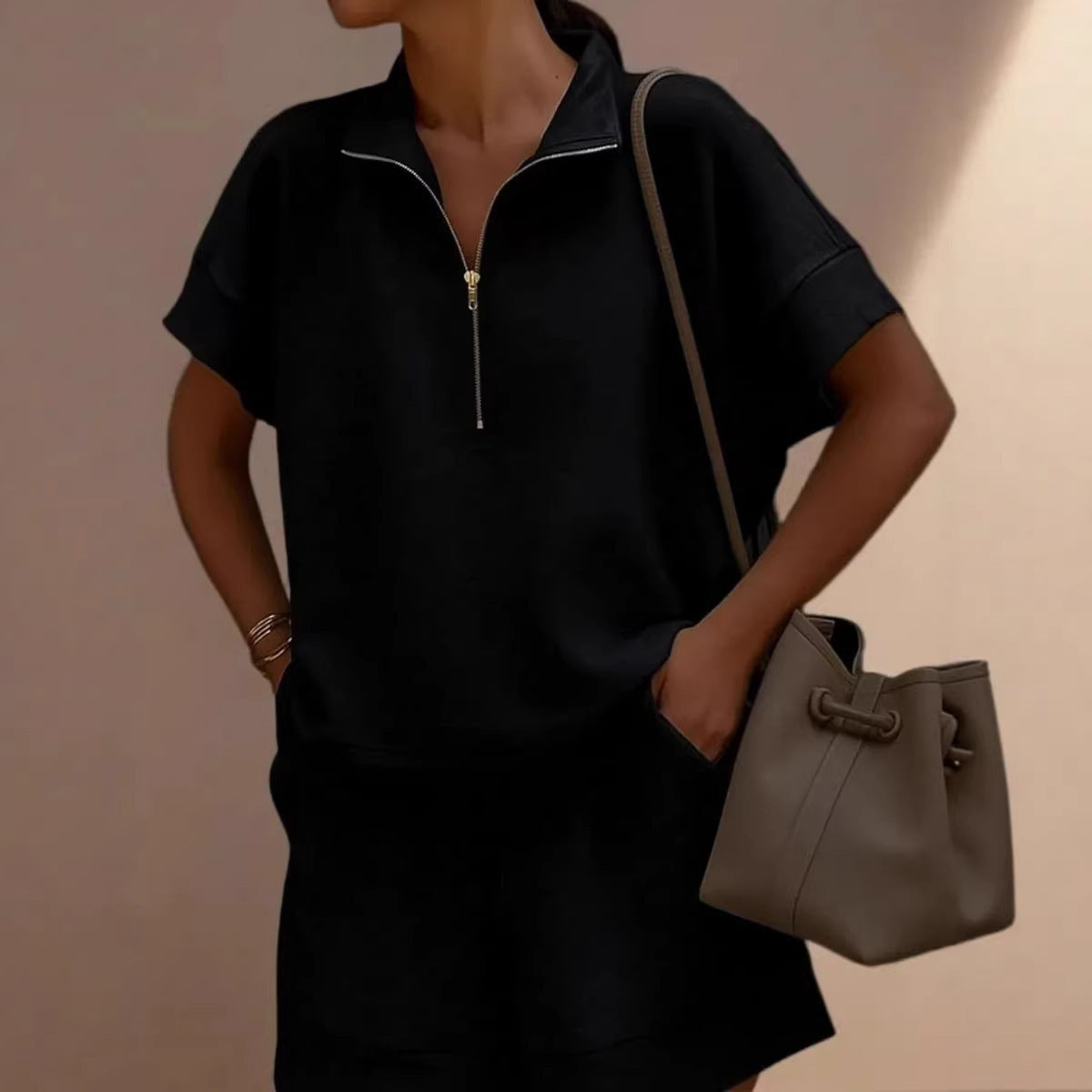 Women's solid color sweatshirt set by FitiqueFit, casual 2-piece short top and matching pants, comfortable loungewear ensemble.