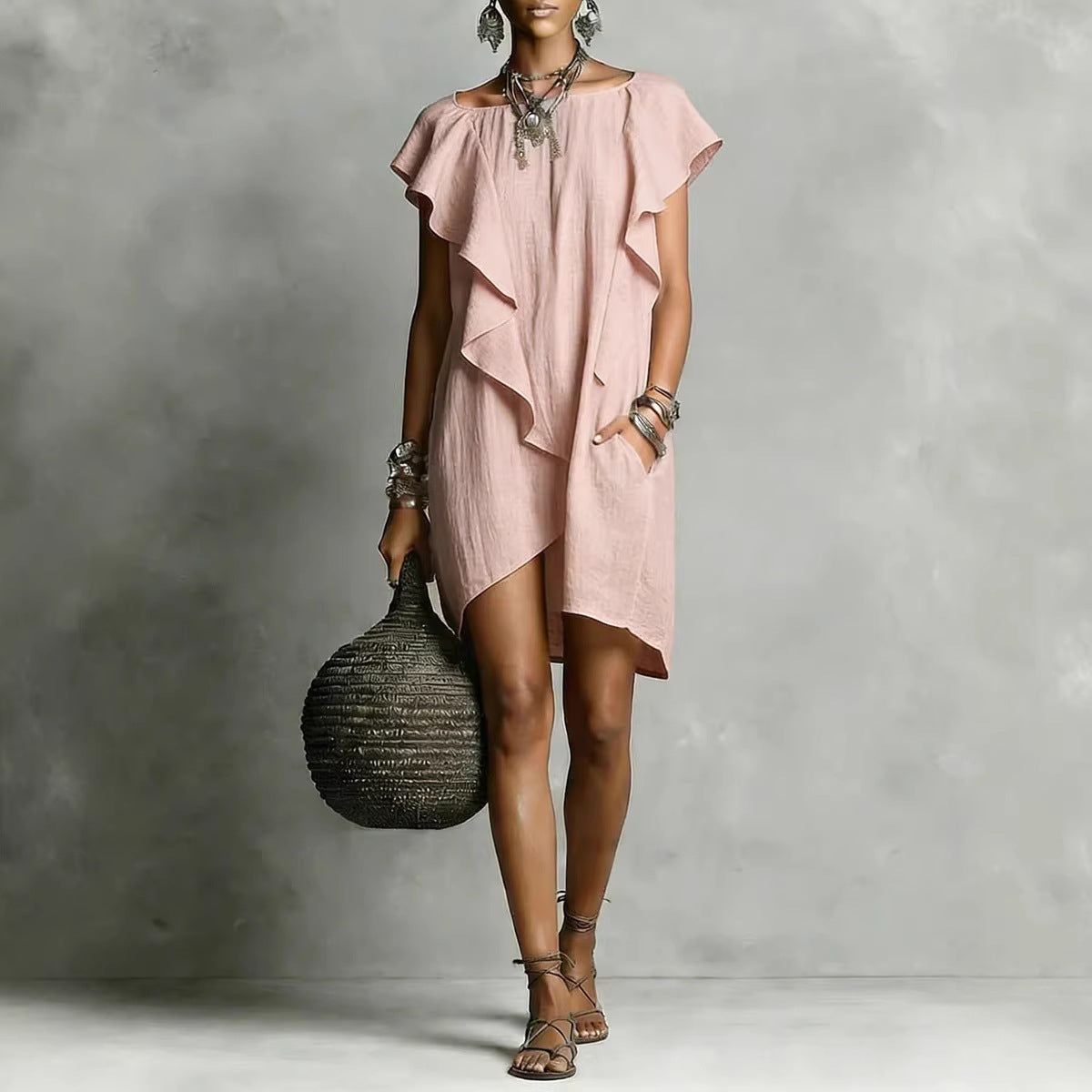 Women's Casual Short-Sleeve Solid Color Straight Dress