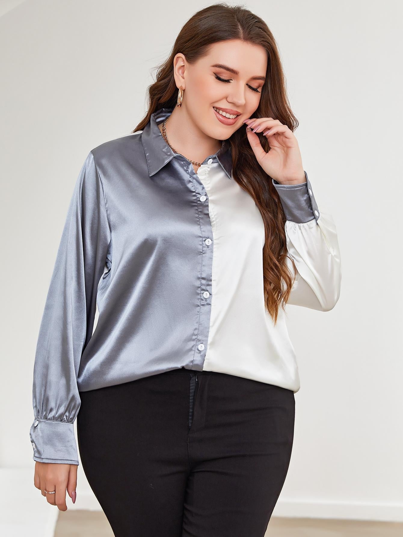 Plus Size Two-Tone Long Sleeve Shirt See size chart under “more details”