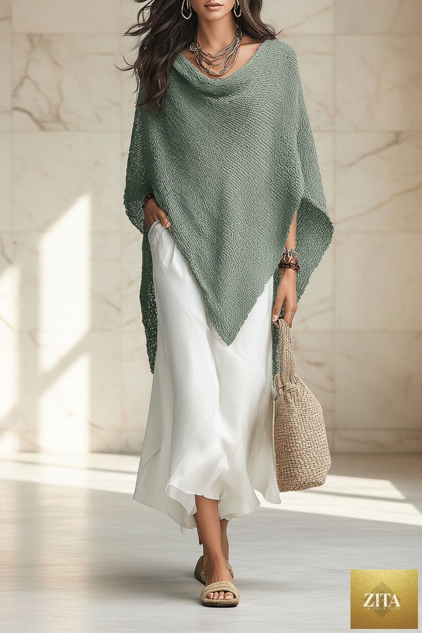 Women's Open-Knit Asymmetric Cape & Ruched V-Neck Fluid Maxi Dress Set
