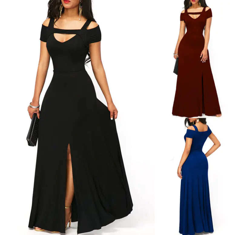 Plus size women’s V-neck off-shoulder maxi dress in flowy fabric, featuring a relaxed fit and elegant style.