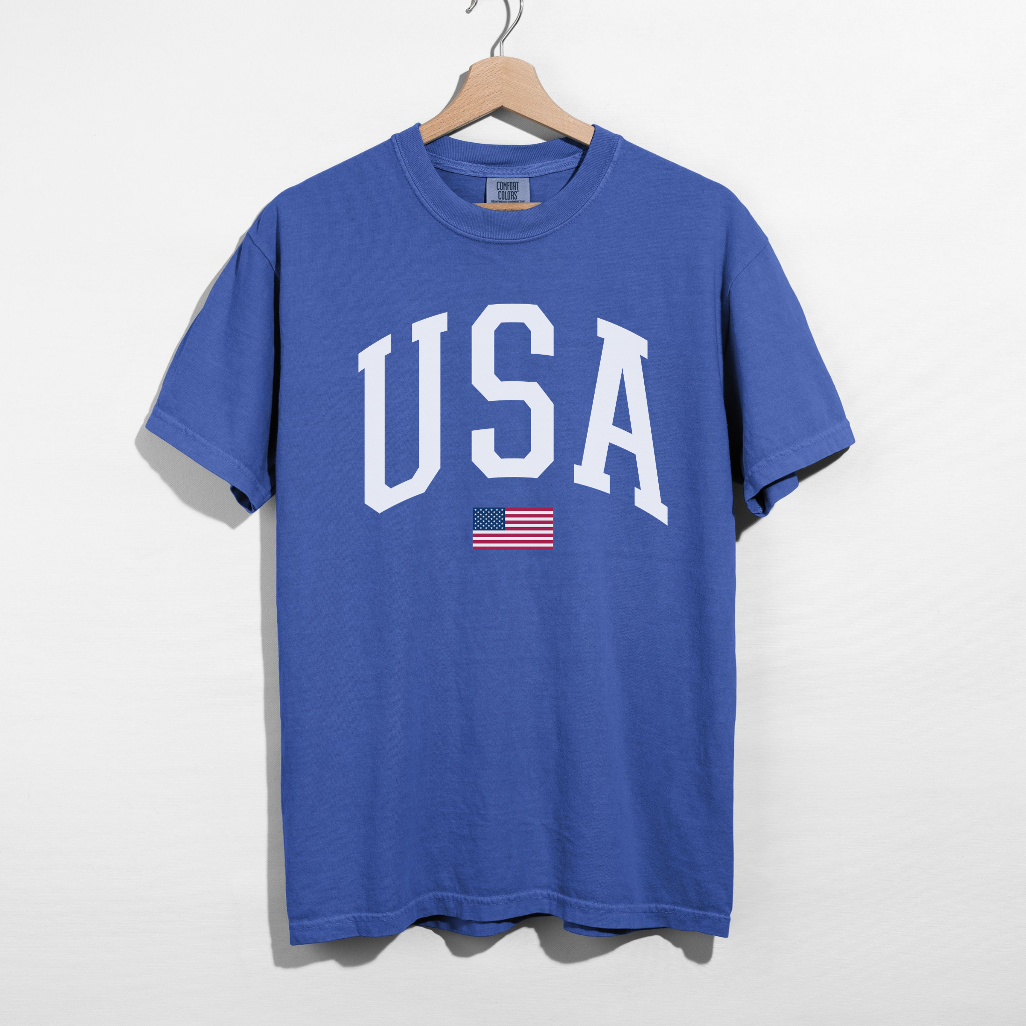 USA Varsity Graphic Tee – White Letter Patriotic Shirt