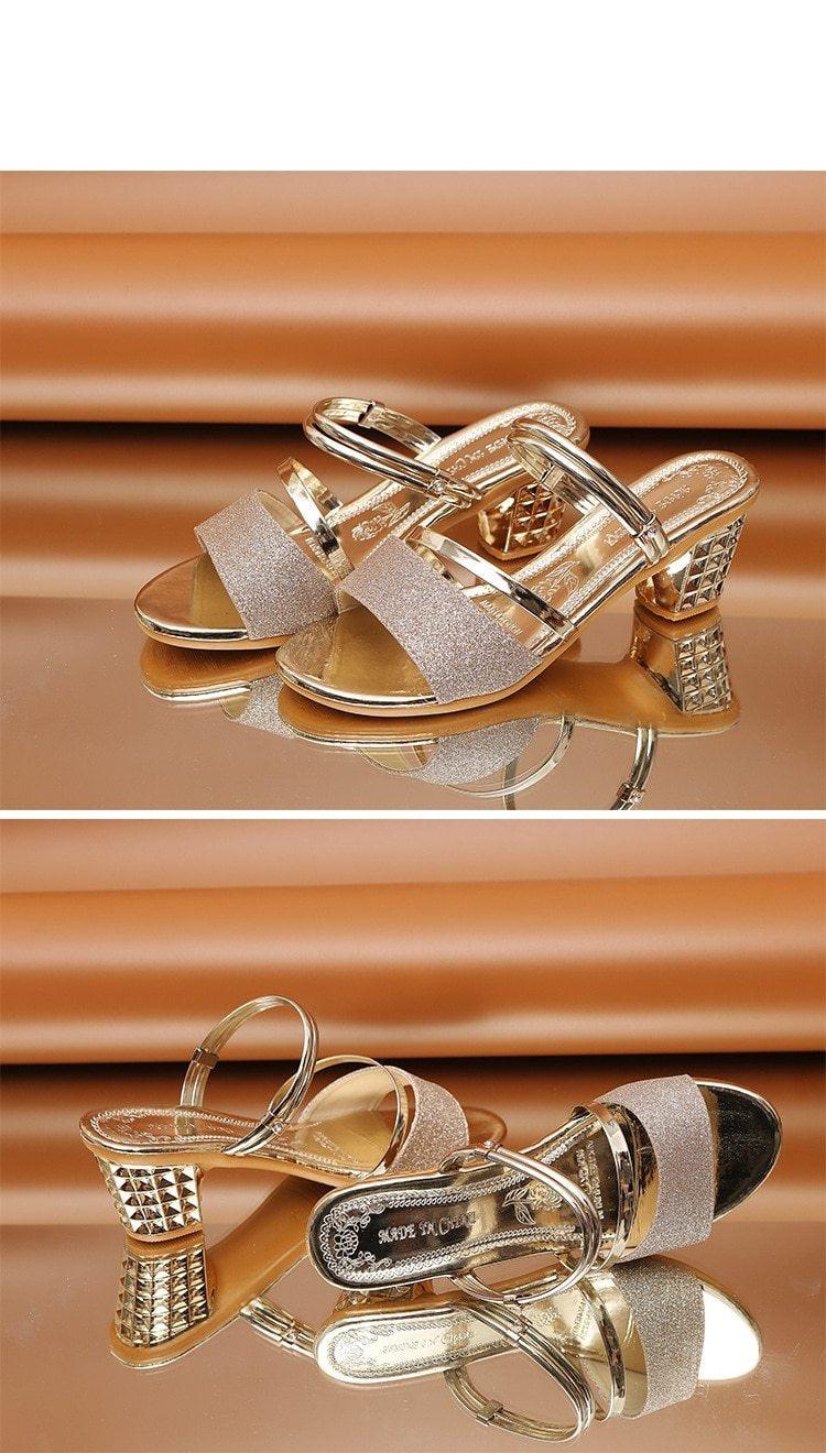 Gold women’s summer open-toe sandals with ankle strap, low heel, and high heel options, stylish and luxurious for dressy occasions.