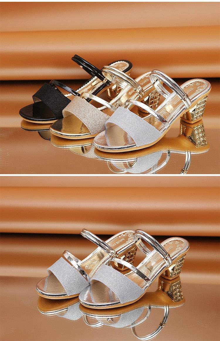 Gold women’s summer open toe sandals with ankle strap, low heels, stylish high heels, perfect for dressy occasions and parties.