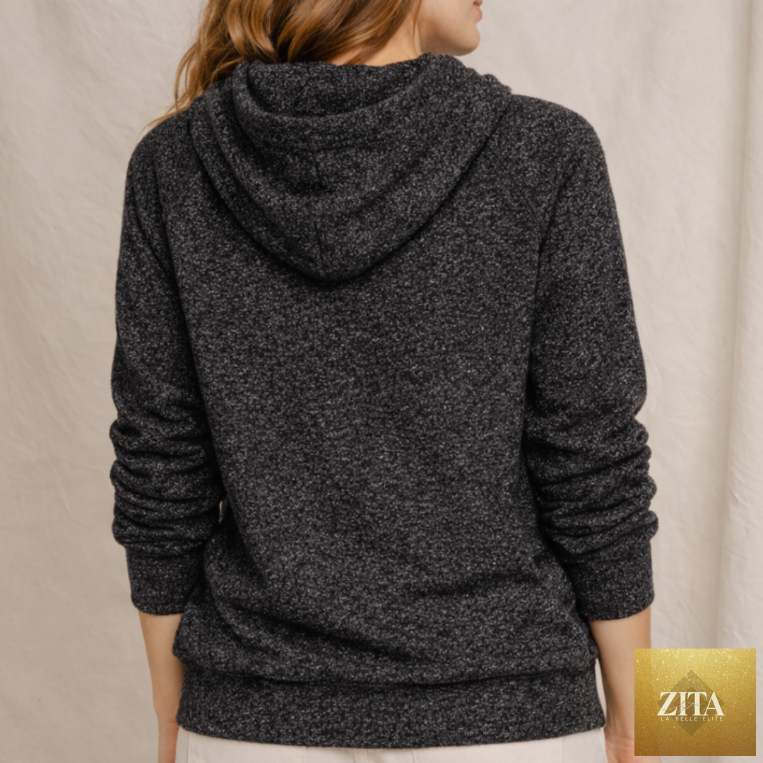 Women's black Half Moon Hoodie by Kinetix Casual Luxury, showing the relaxed fit and soft heather fabric with half moon design.
