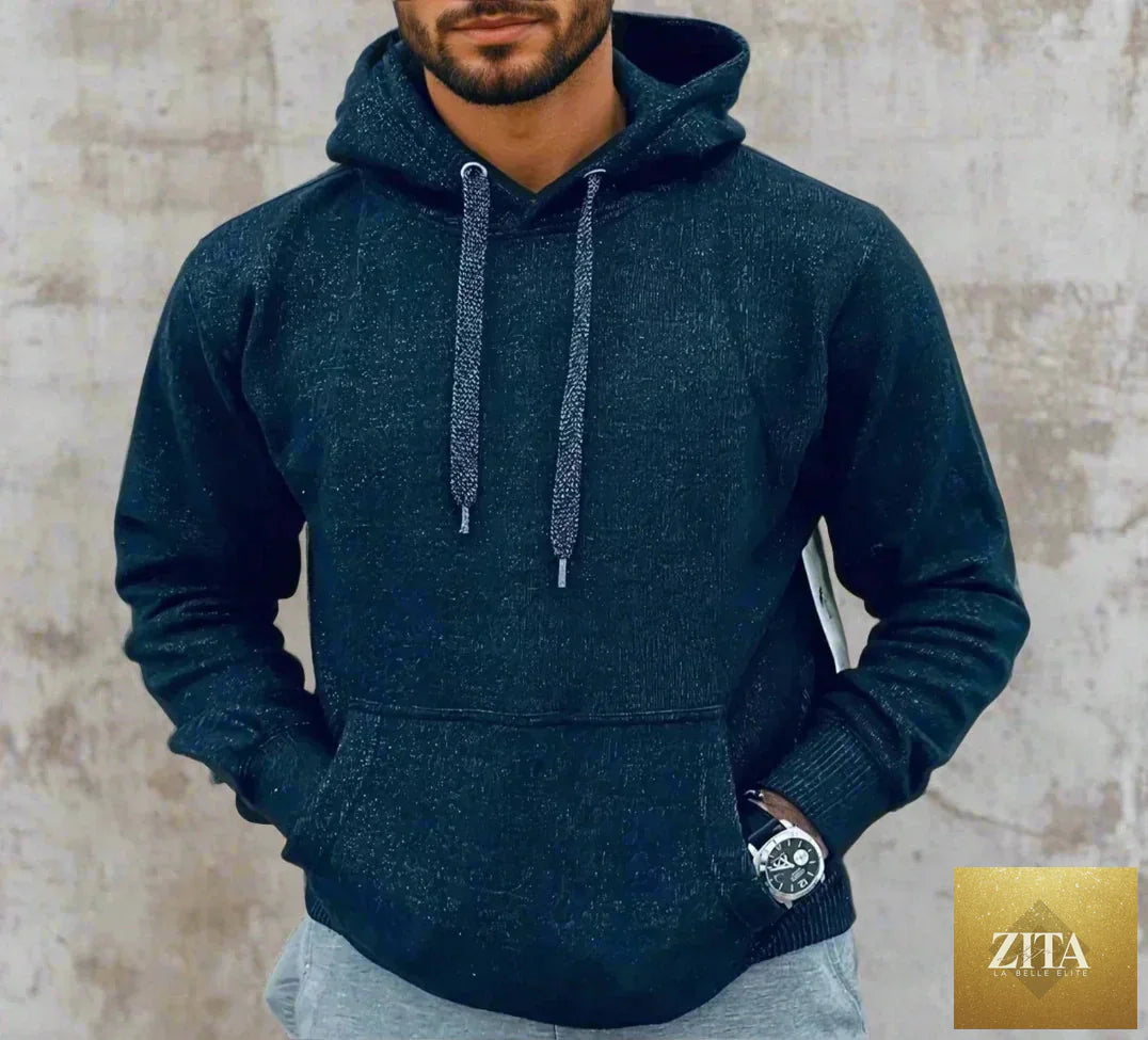 Black Half Moon Hoodie by Kinetix, casual luxury hoodie with a stylish half moon design, made from soft, comfortable fabric.