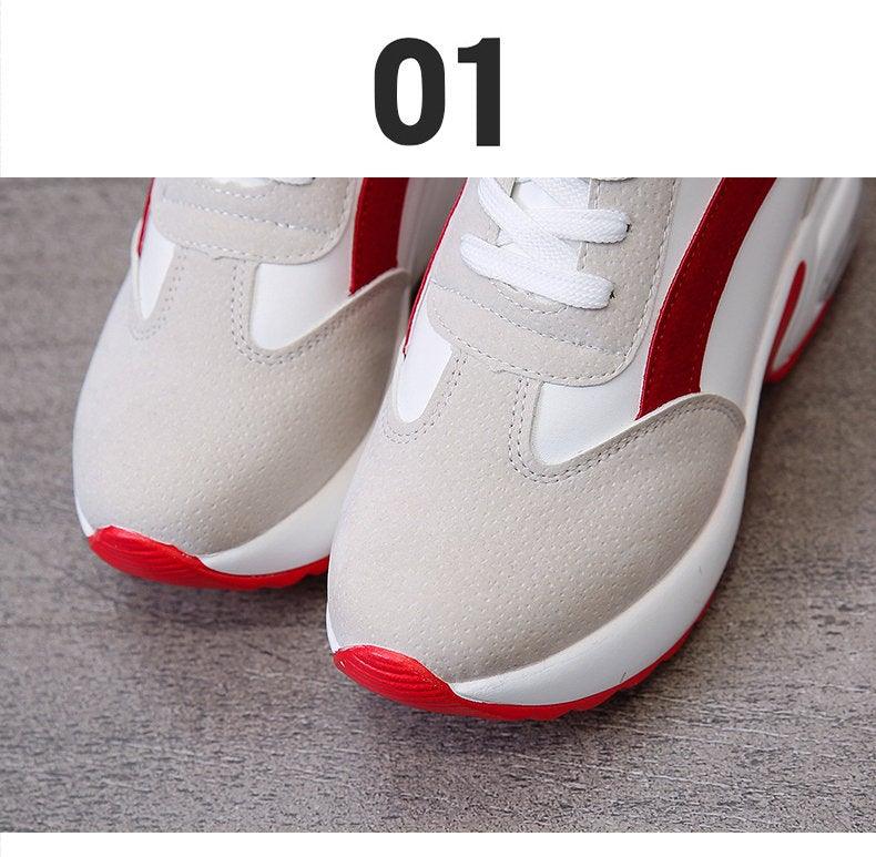 Stevvex women's high heel sneakers in red and black with air cushion sole, lace-up platform leather trainers for casual and athletic wear.