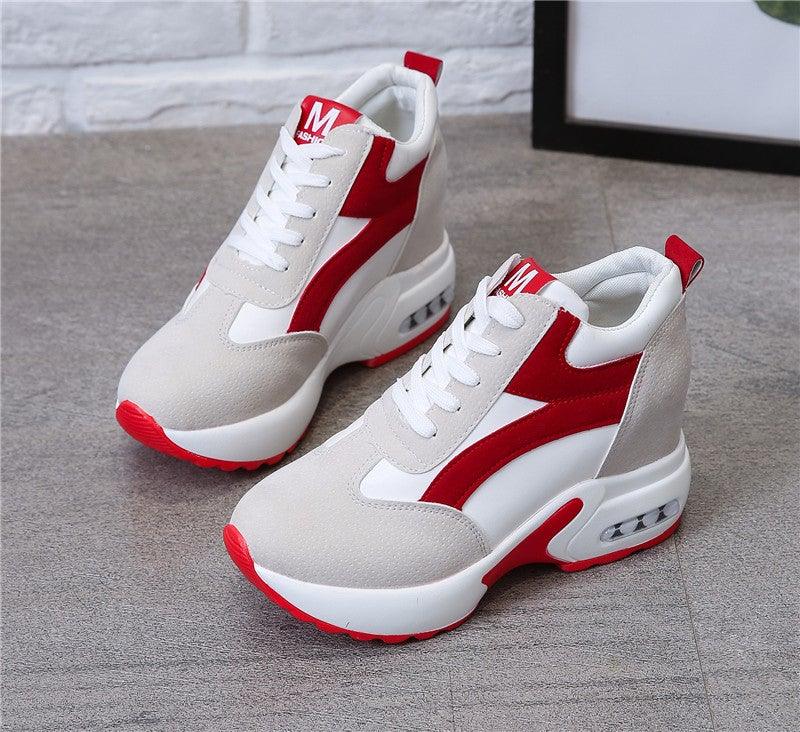 Red and black Stevvex women's high heel sneakers with air cushion, lace-up platform, leather athletic shoes for casual and sports walking.