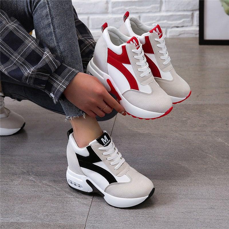 Stevvex women's high heel sneakers in red and black with air cushion sole, lace-up platform leather trainers for casual and athletic wear
