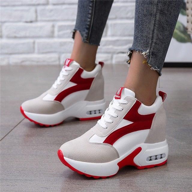 Stevvex high heel women's sneakers in red and black with air cushion sole, lace-up leather athletic shoes for casual and walking wear.