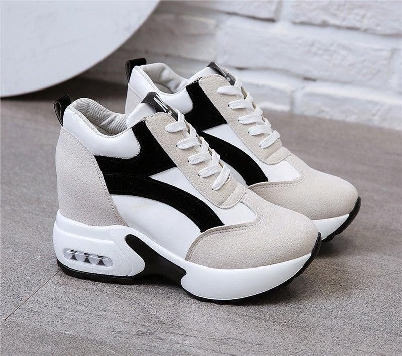Stevvex women's red and black high heel sneakers with air cushion, lace-up platform leather trainers for casual and athletic wear.