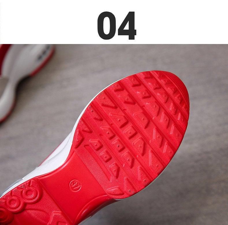 Stevvex women's high heel sneakers in red and black with air cushion sole, lace-up design, leather platform, casual athletic style.