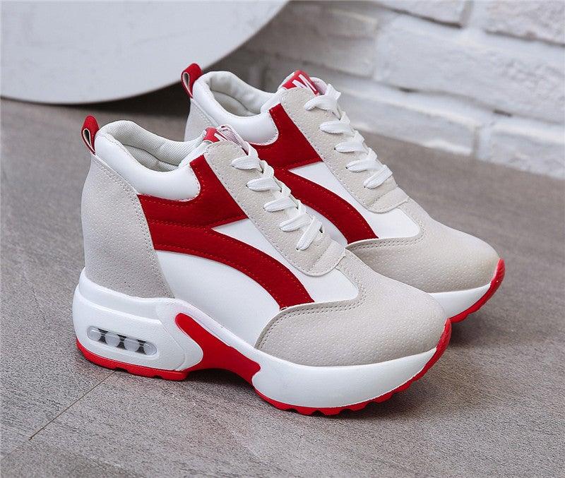 Stevvex women's high heel sneakers in red and black with air cushion, lace-up platform, leather, casual and athletic style.