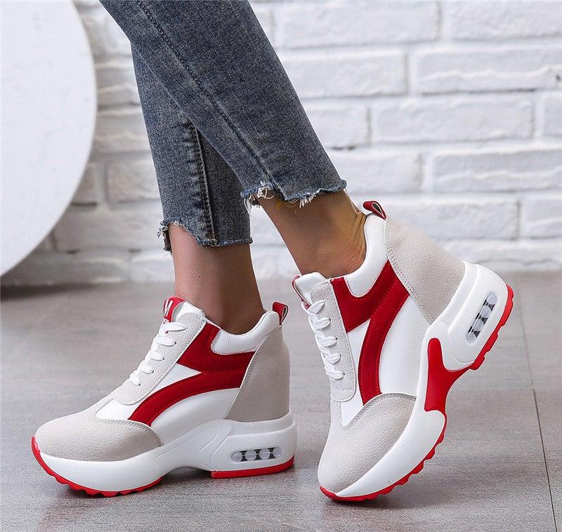 Stevvex high heel women's sneakers in red and black with air cushion, lace-up platform, leather casual athletic shoes for women.