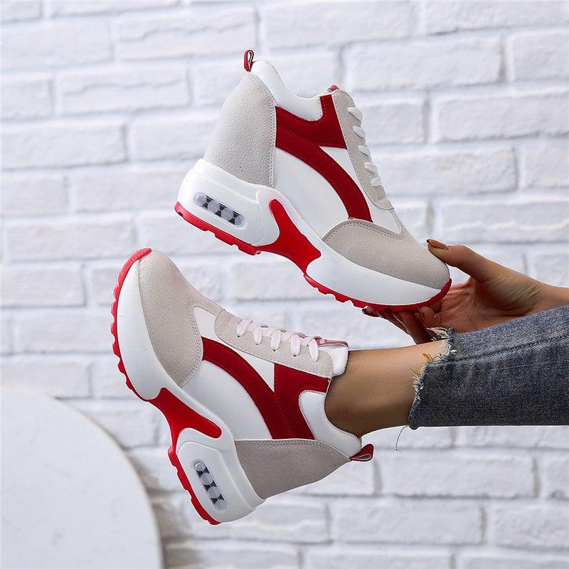 Red and black Stevvex women's high heel sneakers with air cushion, lace-up platform, leather design, ideal for casual and athletic wear.