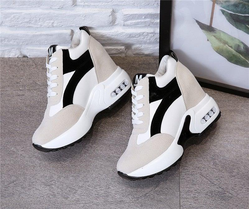 Red and black Stevvex high heel women's sneakers with air cushion, lace-up leather trainers, casual and athletic modern shoes.