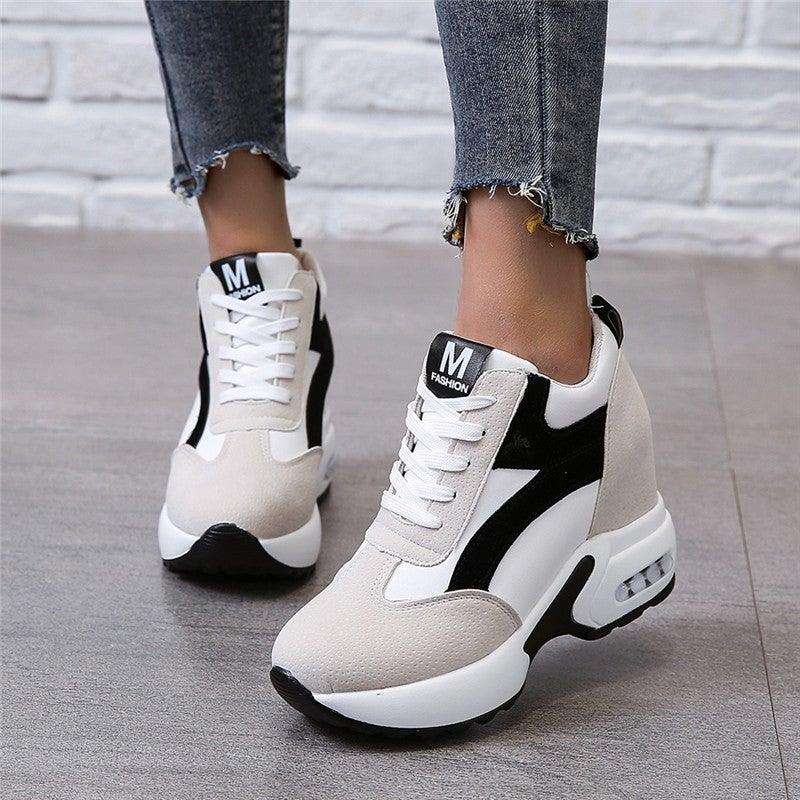 Red and black Stevvex high heel women's sneakers with air cushion, leather platform, lace-up design, ideal for casual and athletic wear.