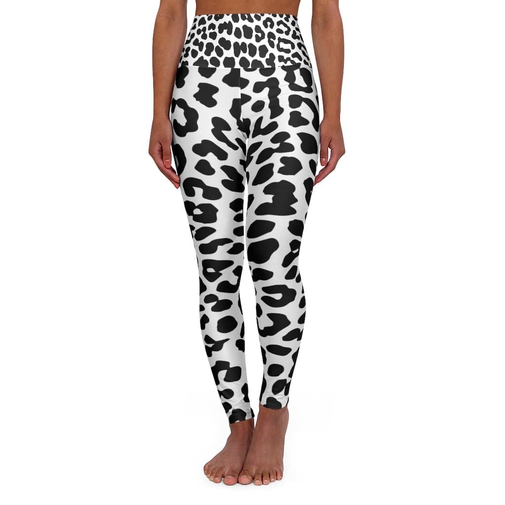 High Waisted Yoga Leggings - Black and White Leopard Style Pants Grey Coco