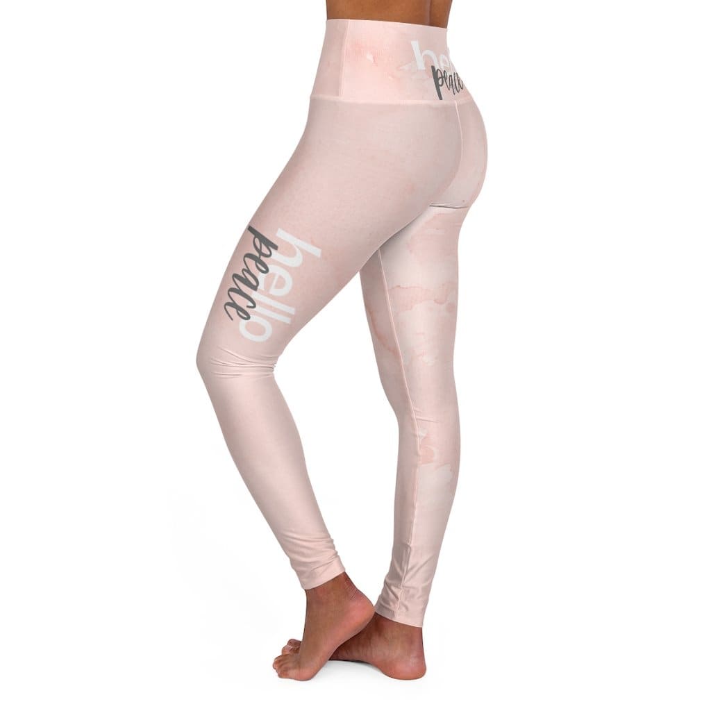 High Waisted Yoga Leggings - Peach Marble Hello Peace Graphic Style Grey Coco
