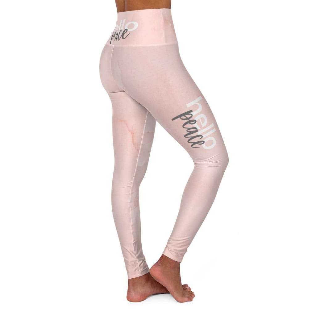 High Waisted Yoga Leggings - Peach Marble Hello Peace Graphic Style Grey Coco