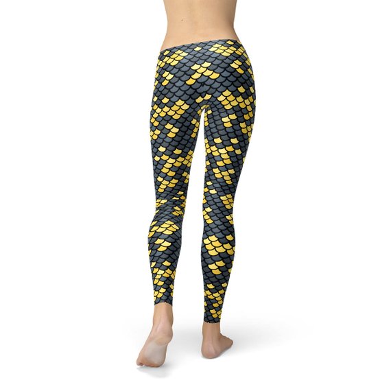 Mermaid Leggings with Dark Gray and Yellow Fish Scales Pattern Print Maroon Sooty