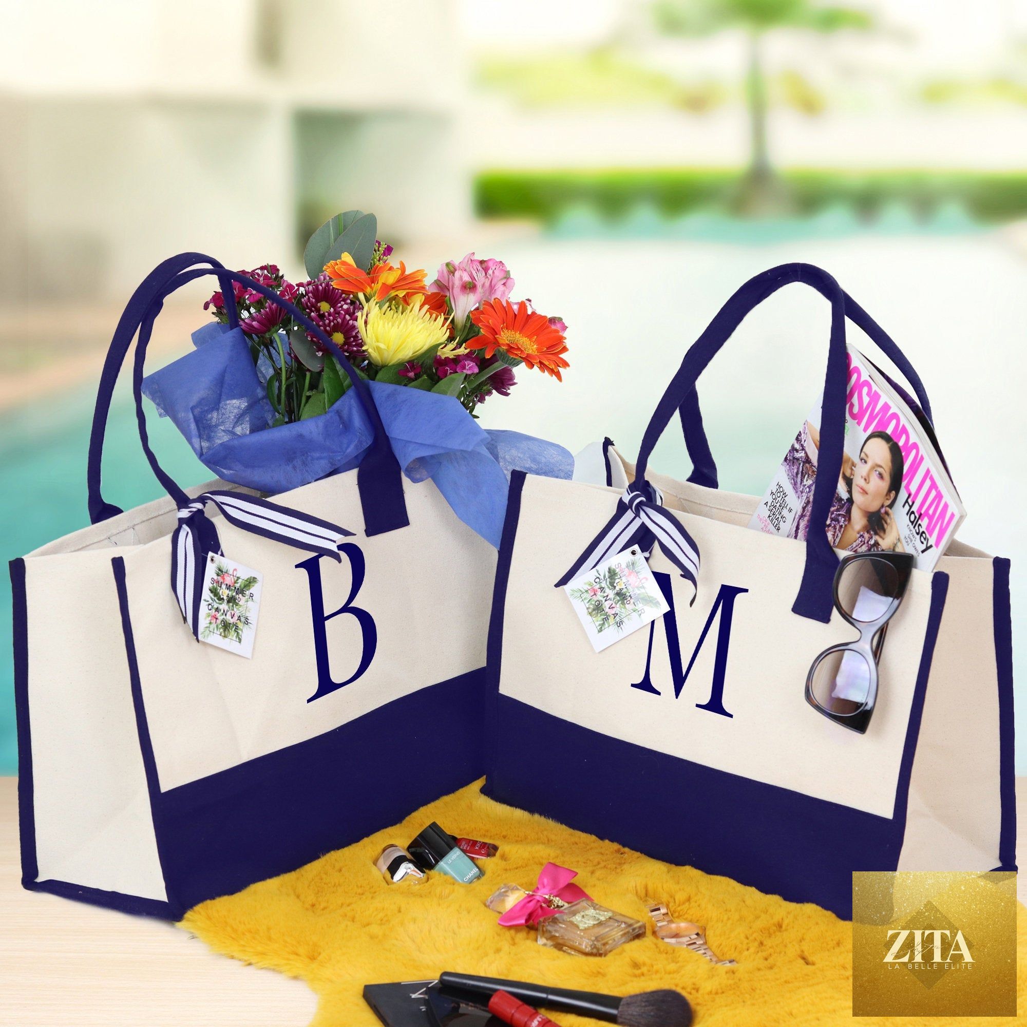 Personalized Cotton Canvas Beach Tote Bag Monogram Tote Bag Initial Canvas Tote Bridesmaid Gift Tote Custom Beach Bag Gift for Her A-Z