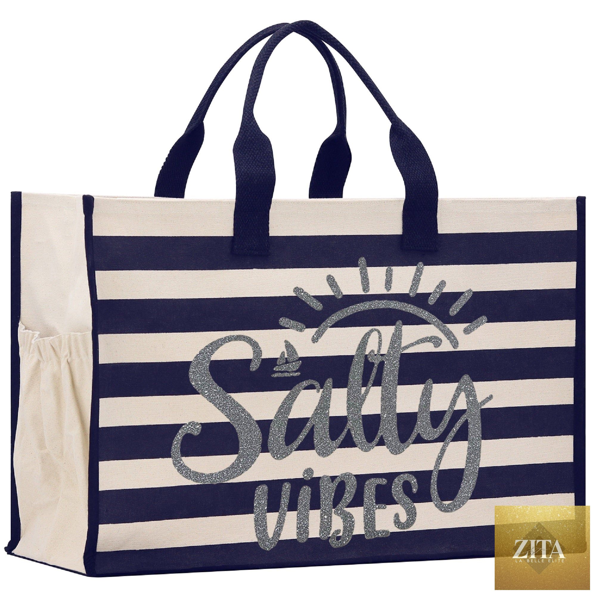Salty Vibes Cabana Tote Bag XL - Oversized Chic Tote Bag with Zipper and Inner Pocket - Beach Bag for Women - Weekender Beach Tote