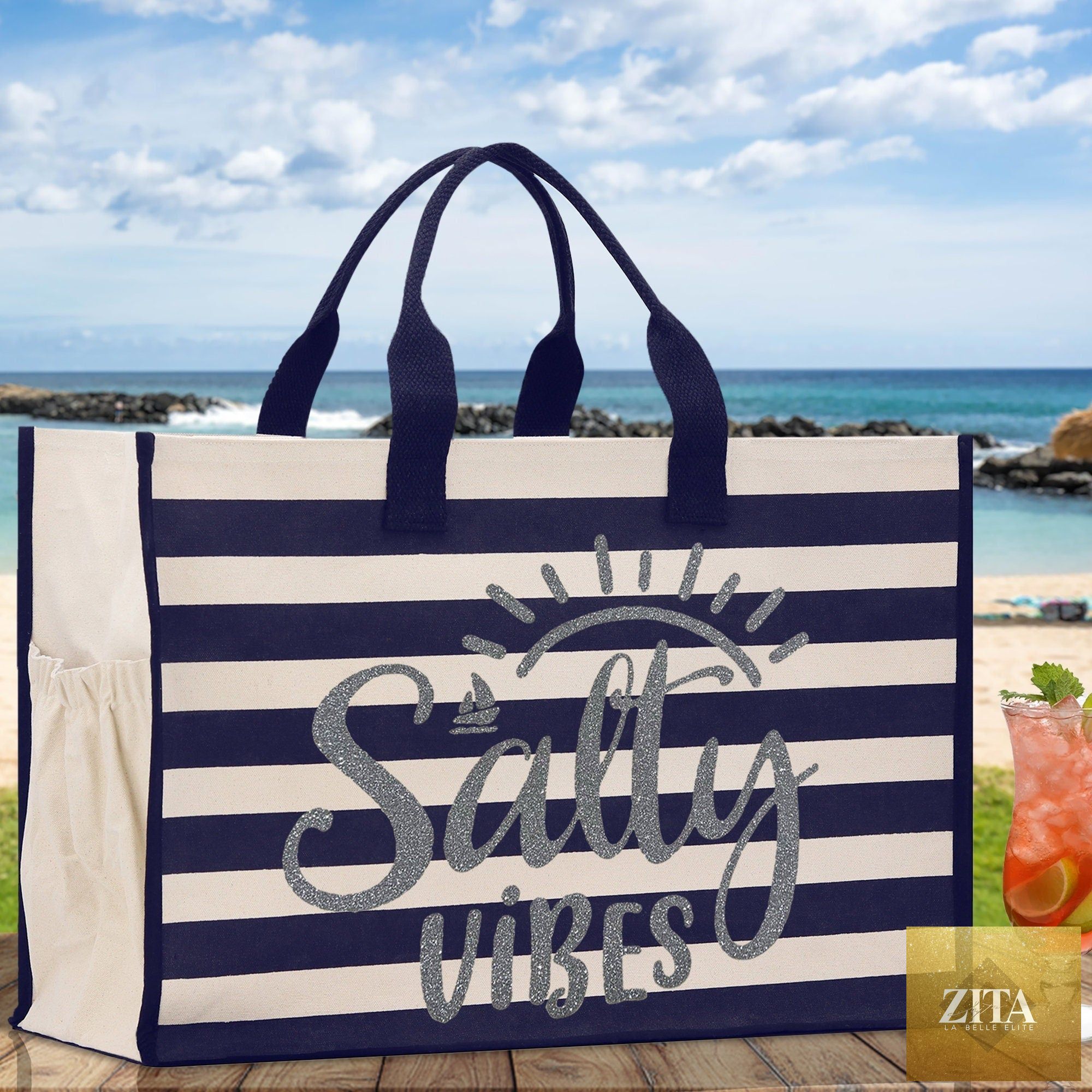 Salty Vibes Cabana Tote Bag XL - Oversized Chic Tote Bag with Zipper and Inner Pocket - Beach Bag for Women - Weekender Beach Tote