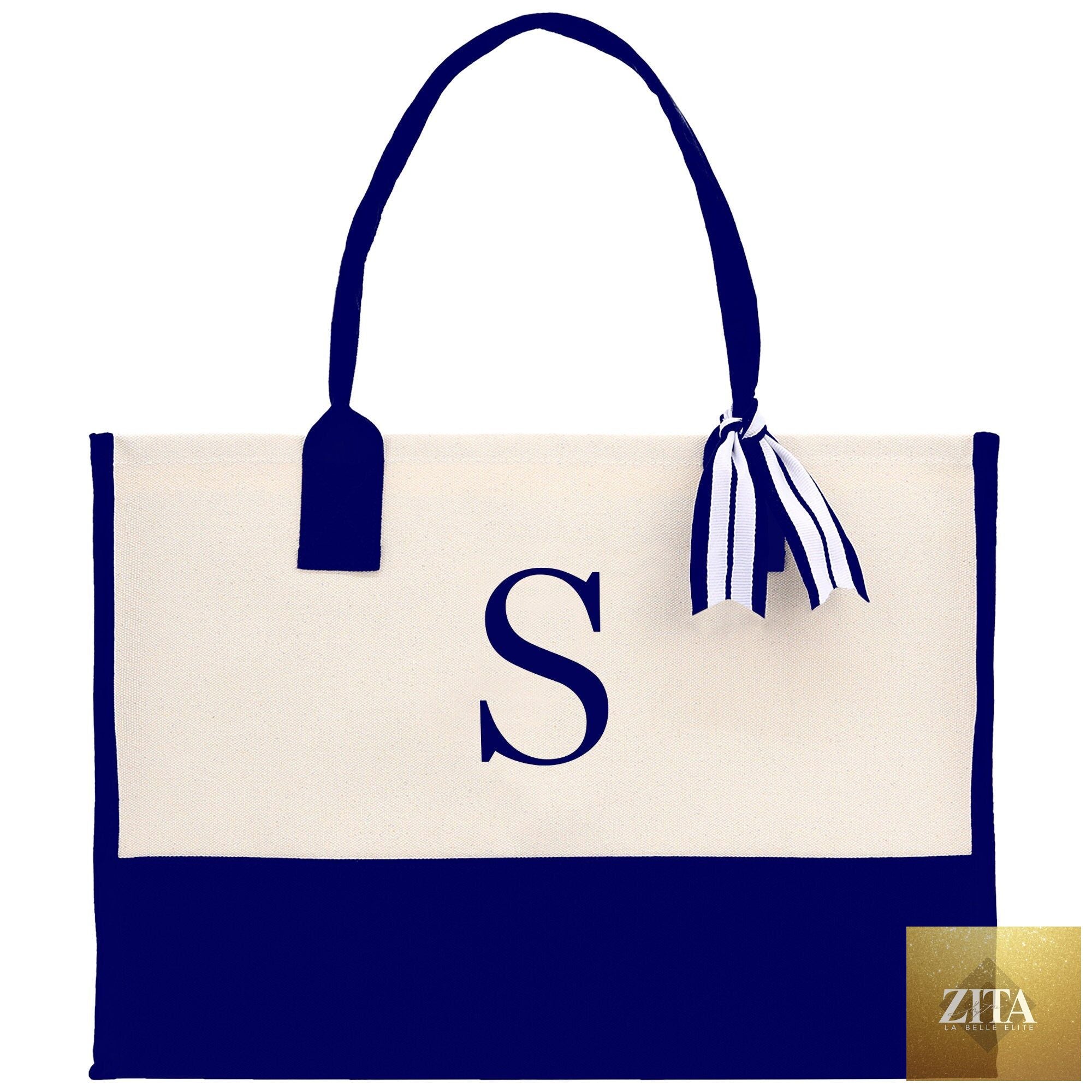 Personalized Cotton Canvas Beach Tote Bag Monogram Tote Bag Initial Canvas Tote Bridesmaid Gift Tote Custom Beach Bag Gift for Her A-Z