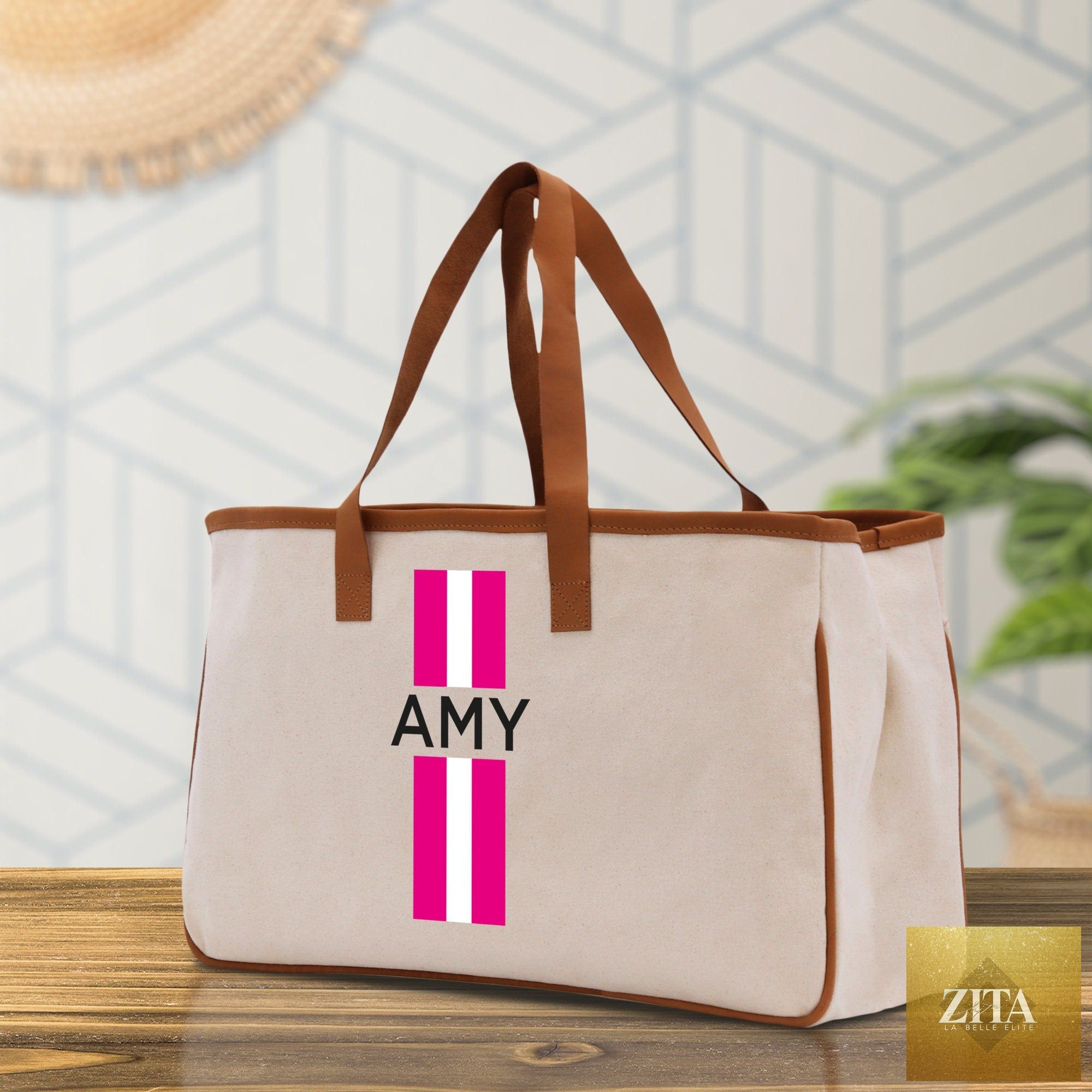 Personalized Monogrammed Canvas Tote Bag Striped Initials Custom Name Beach Bag Bridal Party Gifts Bride Gift Holiday Gift Bag