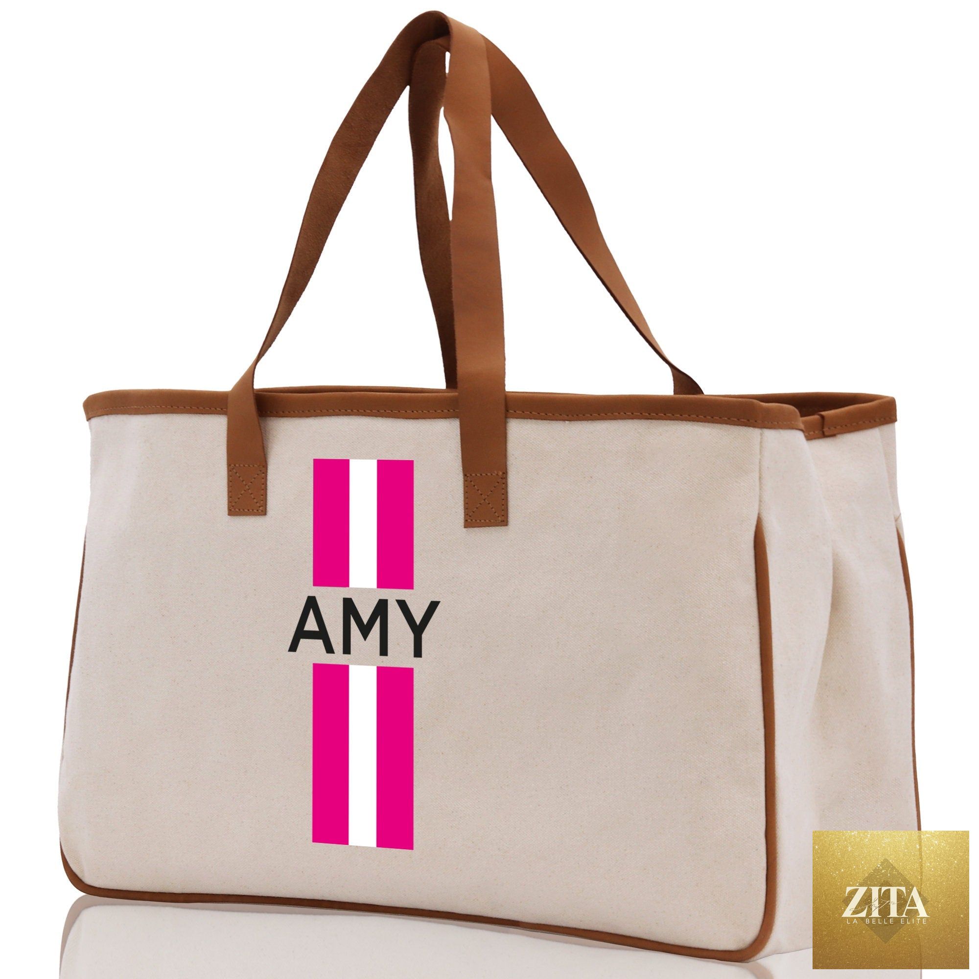 Personalized Monogrammed Canvas Tote Bag Striped Initials Custom Name Beach Bag Bridal Party Gifts Bride Gift Holiday Gift Bag