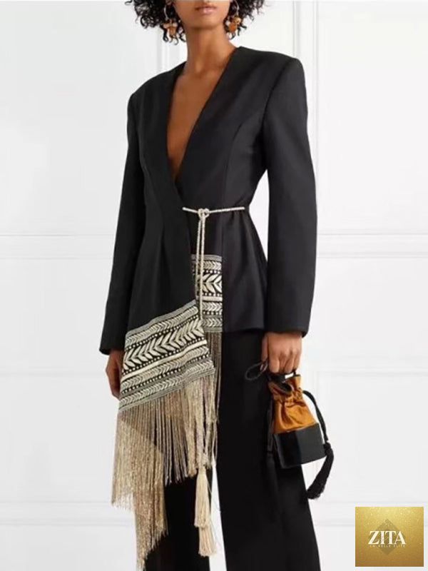 Lady Ros women's embroidered jacquard blazer with tassel hem, stylish professional office wear, shown in a front view.