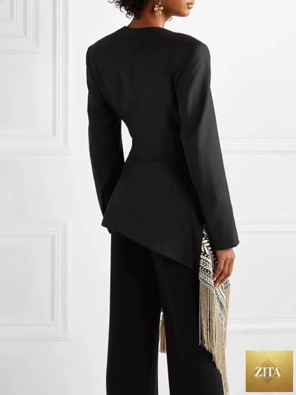 Lady Ros women's embroidered jacquard blazer with tassel hem, professional office wear, tailored fit, stylish and elegant.