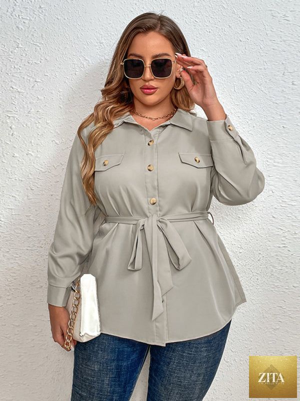 Plus size Lady Ros cardigan shirt jacket with lapel collar, featuring a temperament commuter tie design, shown in beige fabric.