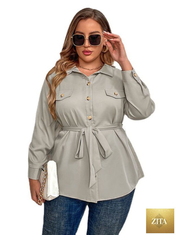 Plus size Lady Ros cardigan shirt jacket with lapel, casual temperament design, shown in a beige color on model.