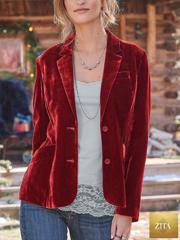 Lady Ros women's velvet blazer top in multiple colors, stylish casual blazer for women, shown in a close-up view.