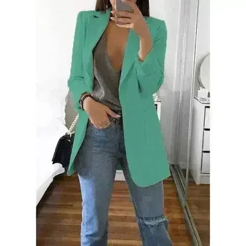 Women’s slim blazer jacket by Femstylo, featuring lapel collar, perfect for casual or office wear, in a stylish autumn design.